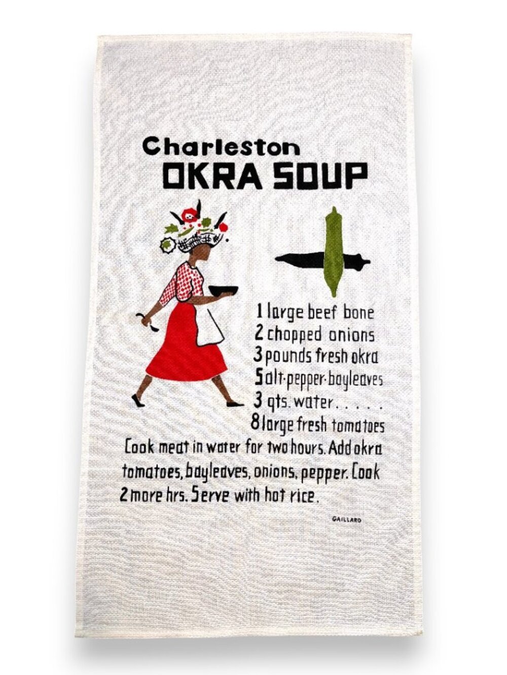 Vintage Gaillard Original Charleston Okra Soup Recipe Tea Towel Southern Folk Ar